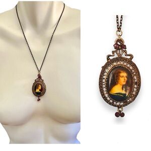 Vintage Victorian Porcelain Female Portrait Pendant Necklace Statement Long